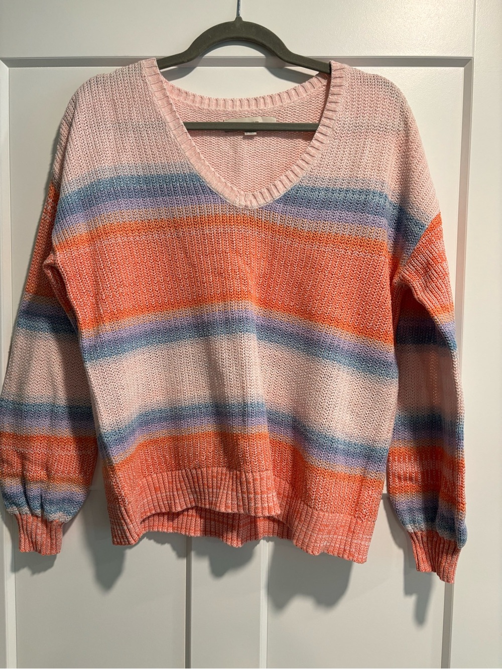 LOFT Striped V-Neck Knit Sweater in Pink, Orange & Blue